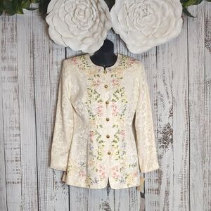 Vintage silk floral formal jacket w/ brocade design & metallic gold buttons